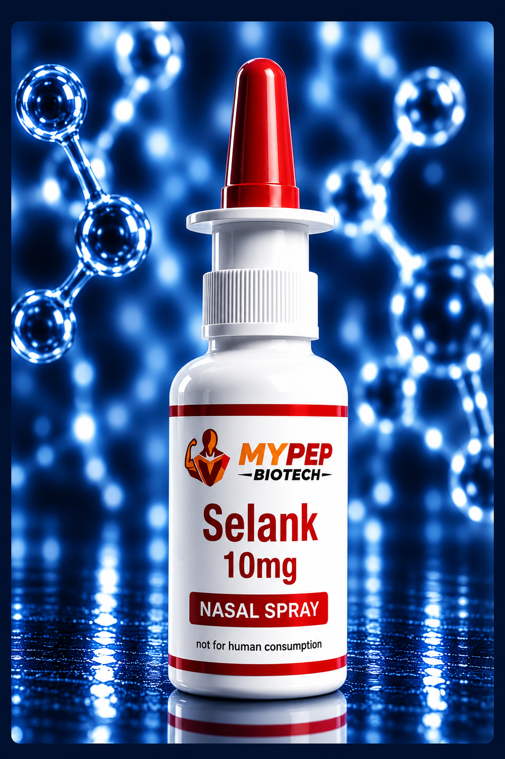 Selank 20mg nasal spray comprehensive product sheet showing MyPep Biotech premium research peptide with product details, pricing table, benefits, problem/solution sections, and contact information