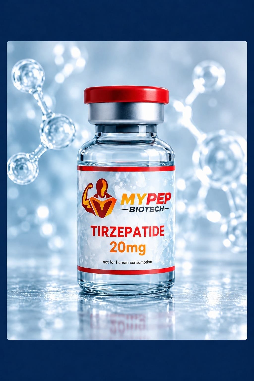 MyPep Biotech Tirzepatide 20mg vial with red cap, showing brand logo and dosage label, not for human consumption