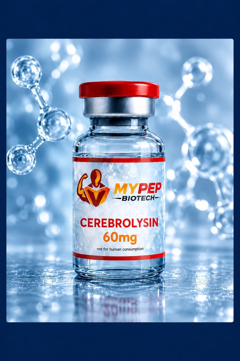 MyPep Biotech Cerebrolysin 60mg vial with red cap, showing brand logo and dosage label, not for human consumption