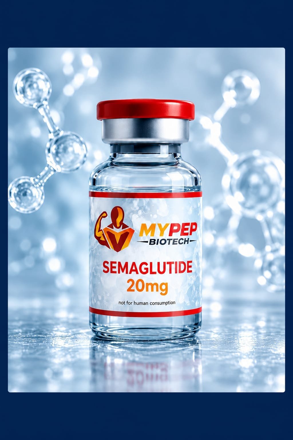 MyPep Biotech Semaglutide 20mg vial with red cap, showing brand logo and dosage label, not for human consumption