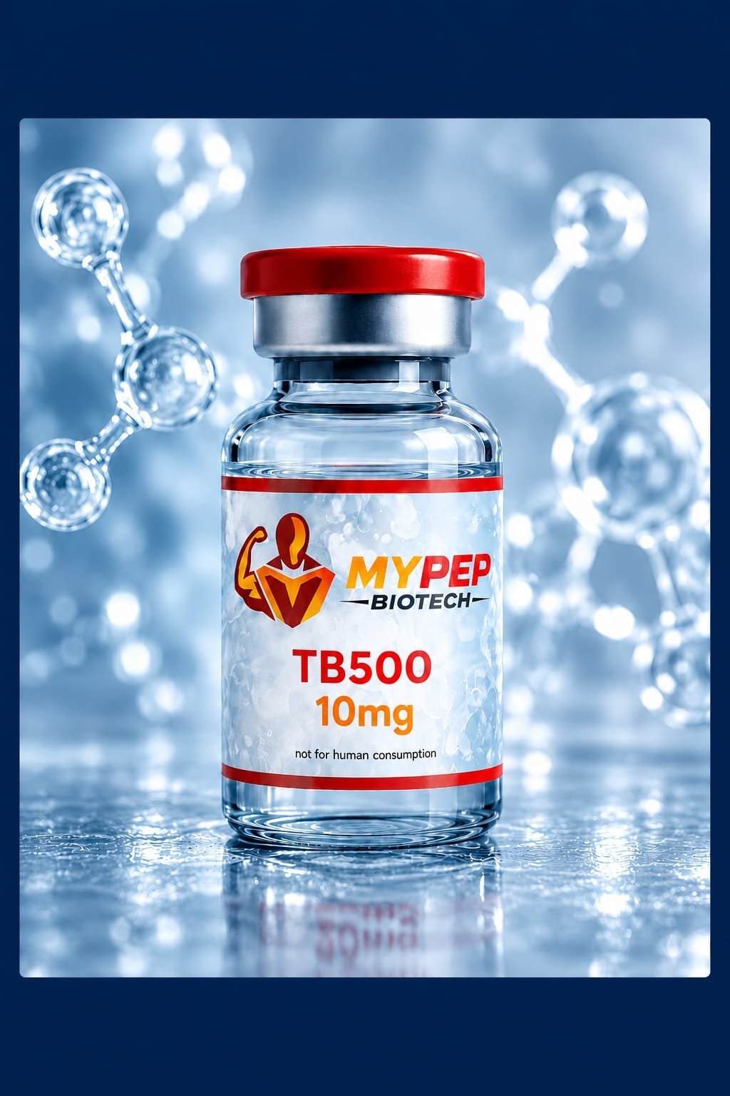 MyPep Biotech TB-500 10mg vial with red cap, showing brand logo and dosage label, not for human consumption