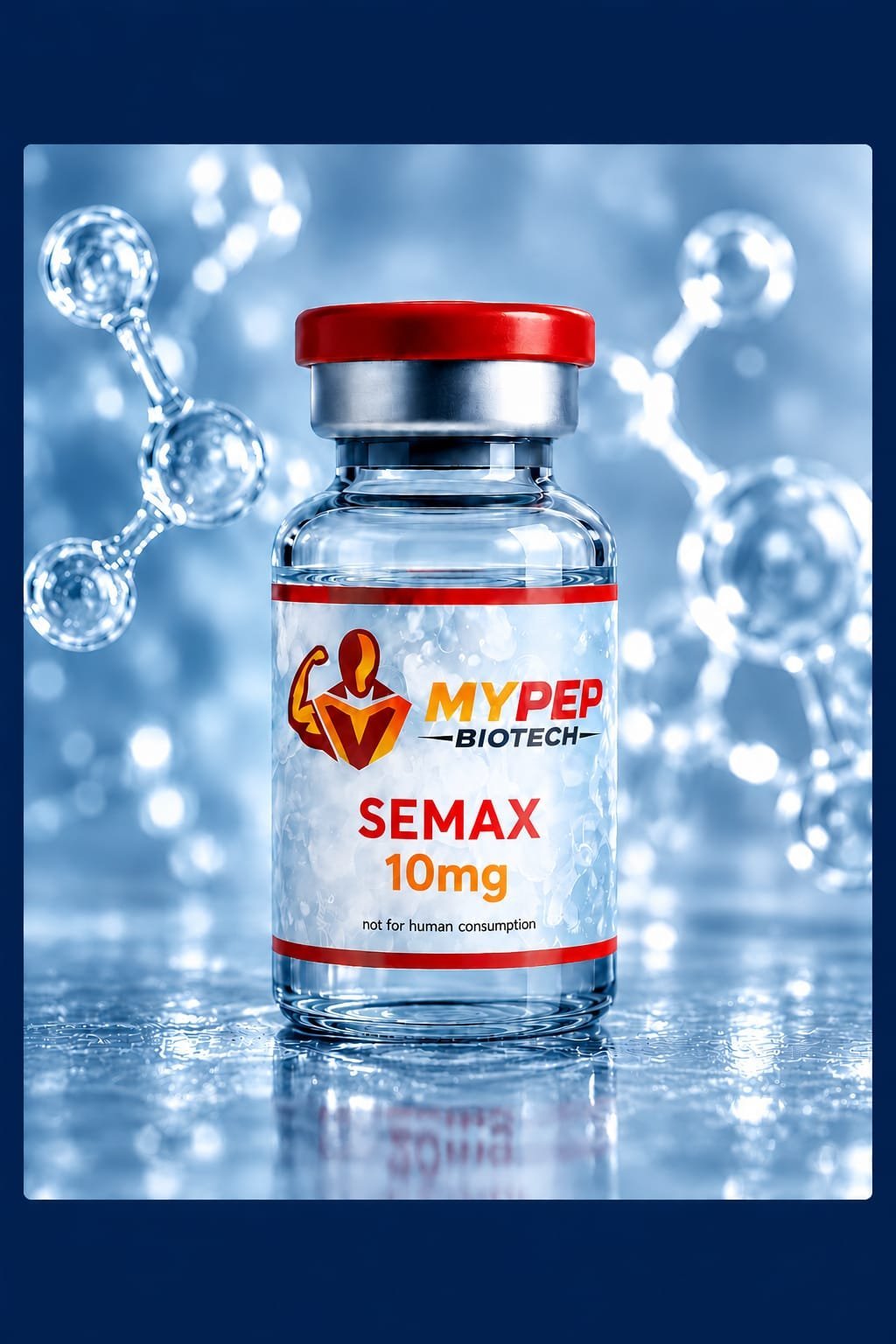 MyPep Biotech Semax 10mg vial with red cap, showing brand logo and dosage label, not for human consumption