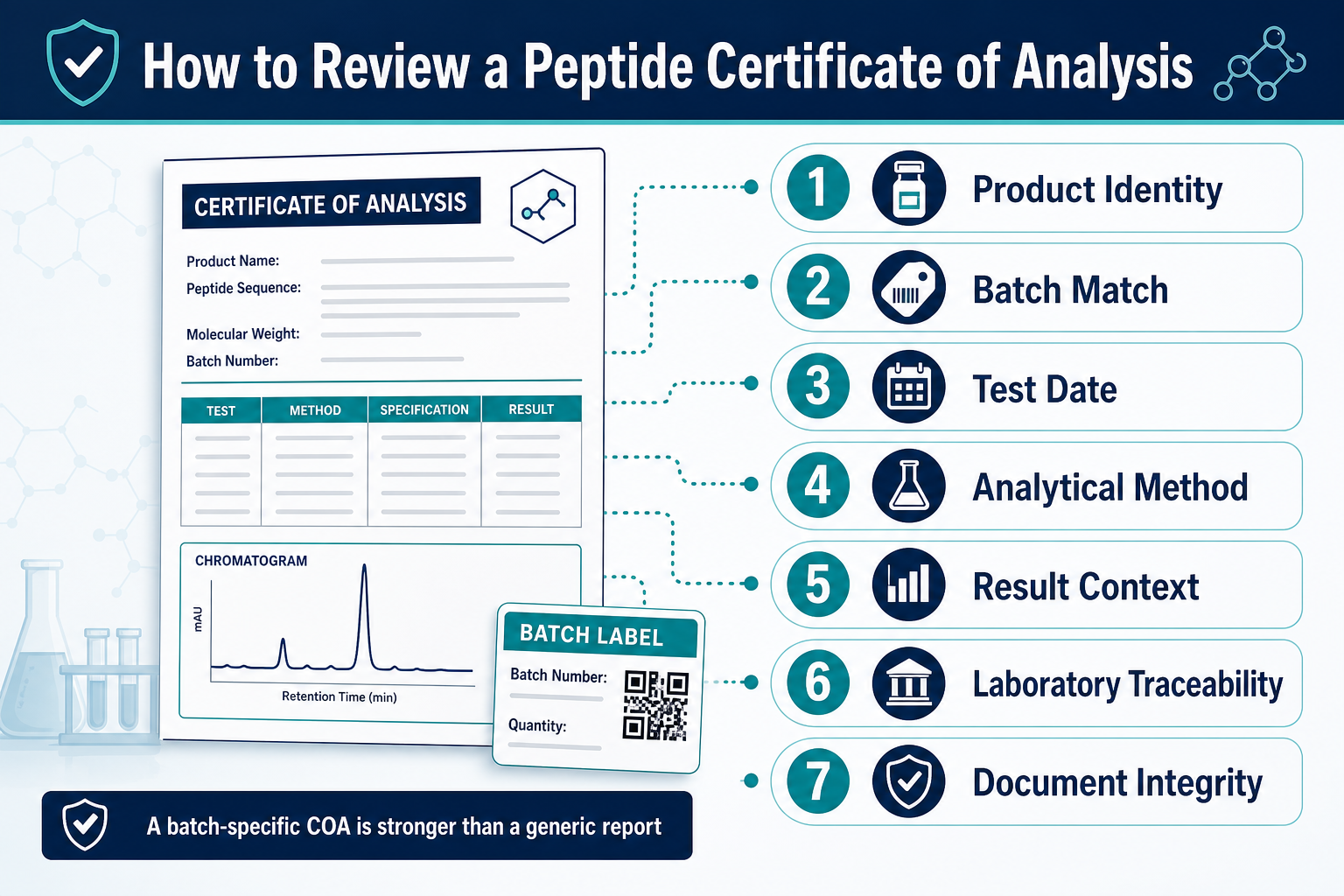 Certificate of analysis guide infographic showing seven batch-specific peptide COA review checks