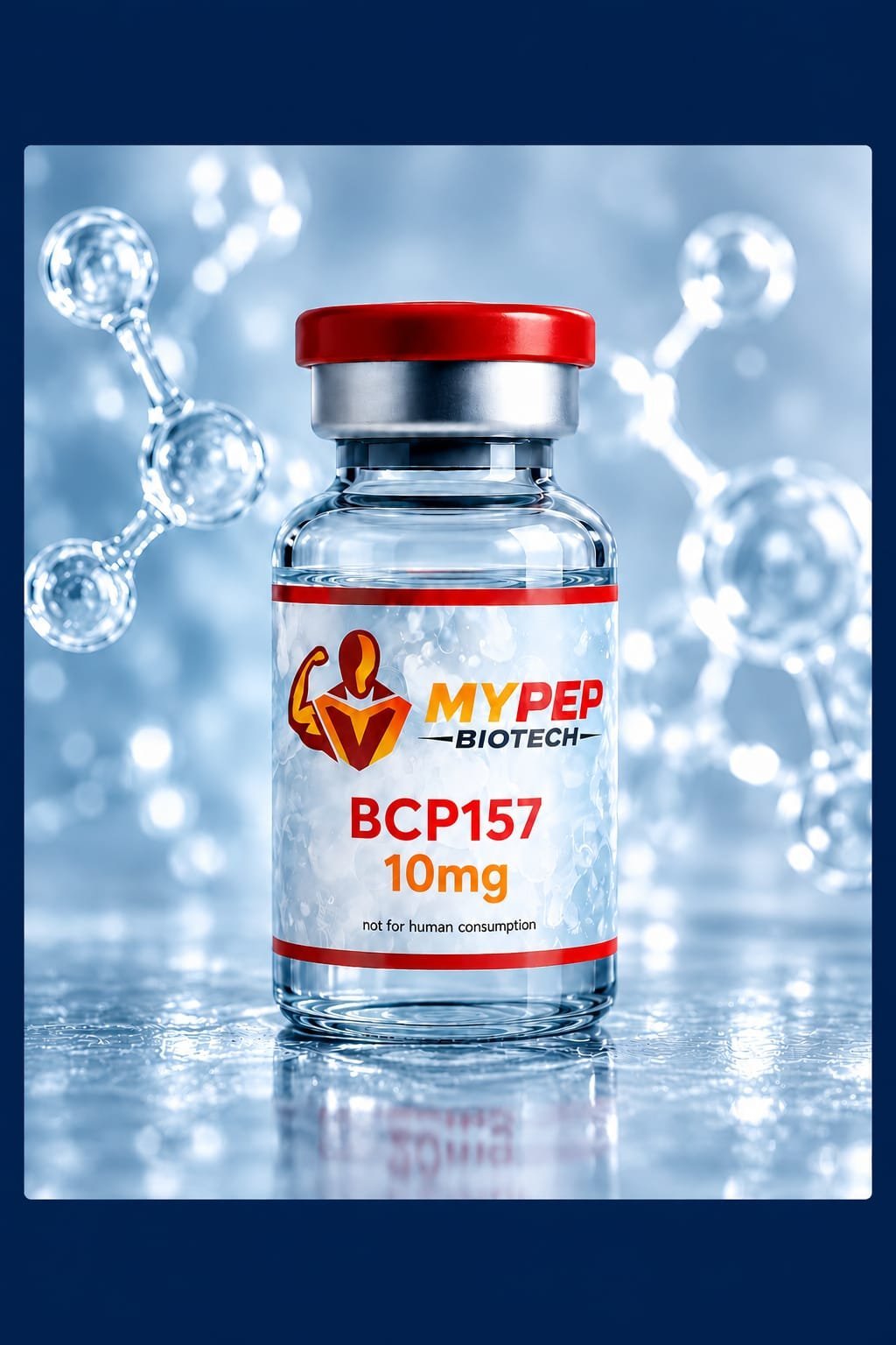 MyPep Biotech BPC-157 10mg vial with red cap, showing brand logo and dosage label, not for human consumption