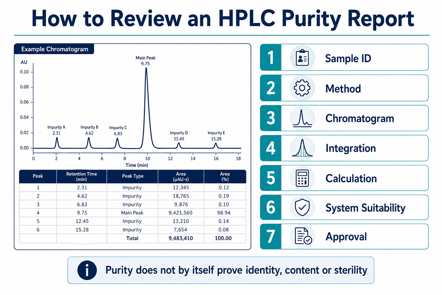HPLC purity report review infographic showing a chromatogram and seven analytical quality checks