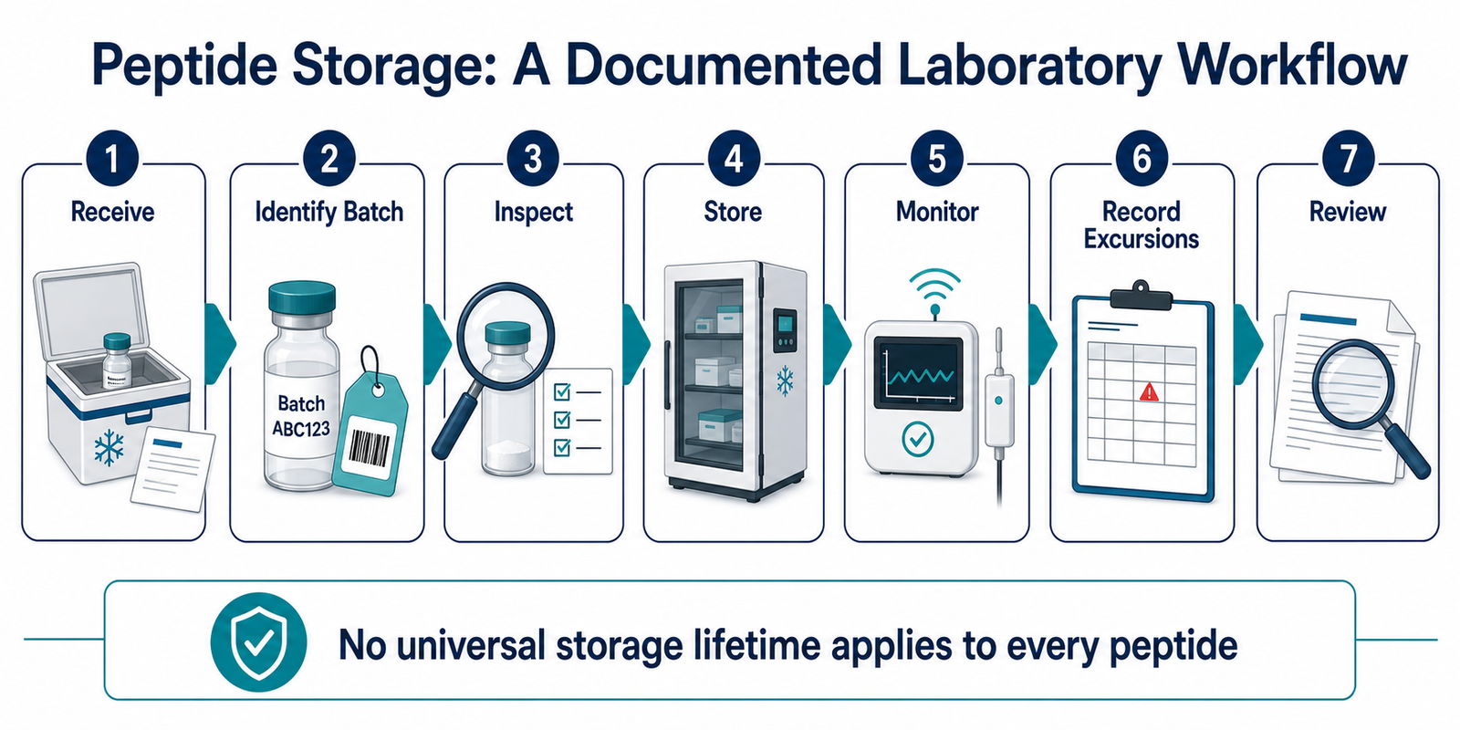 Peptide storage guide infographic showing a seven-stage documented laboratory workflow