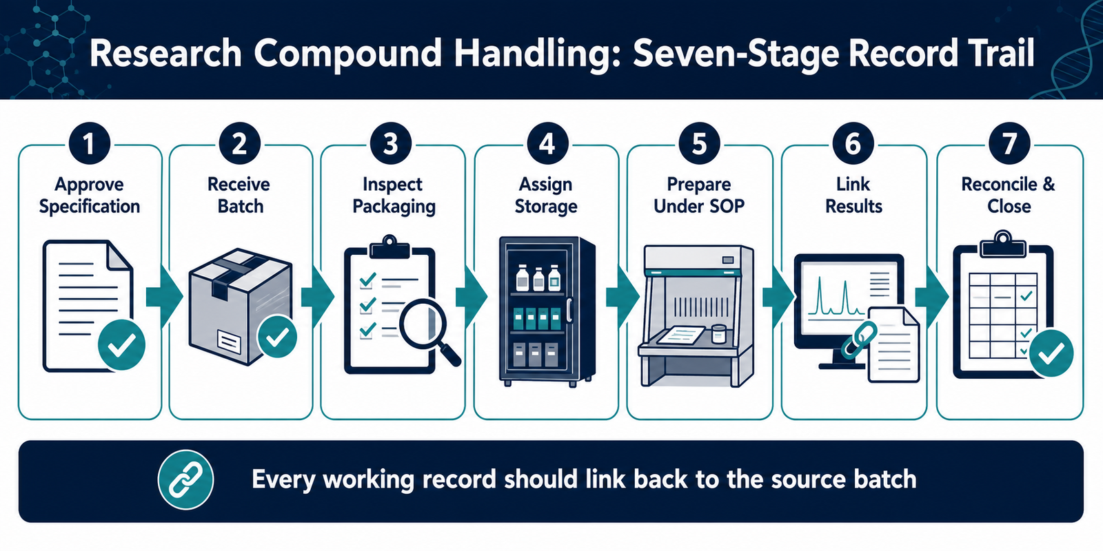 Research compound handling infographic showing a seven-stage laboratory record trail