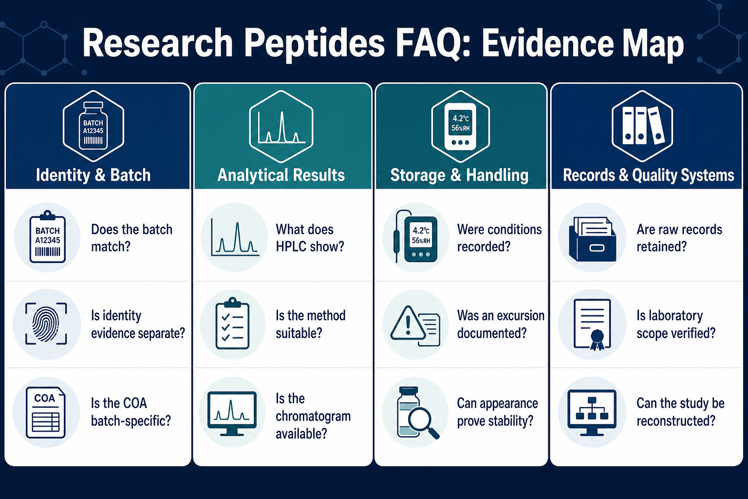 Research peptides FAQ infographic mapping twelve questions across four evidence pillars