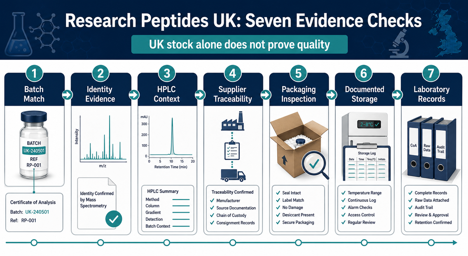 Research peptides UK guide infographic showing seven sourcing and laboratory evidence checks