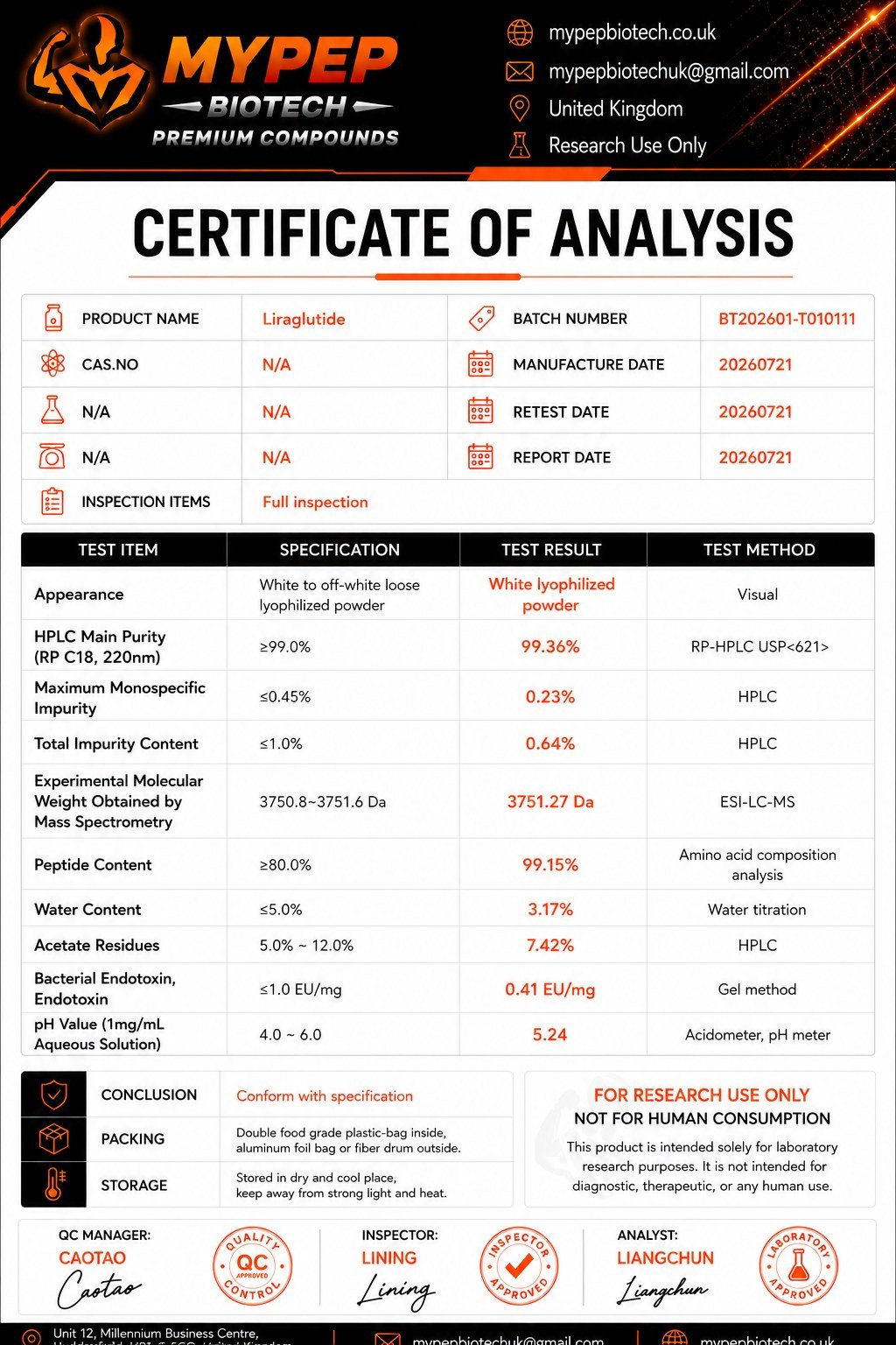 Liraglutide — BT202601-T010111 COA